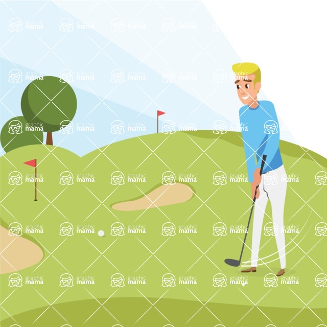 Nature Backgrounds, Patterns and Frames Themed Graphic Collection - Vector Golf Illustration with Flags, Greens and Sand Bunker